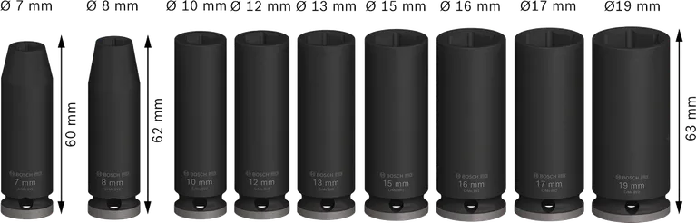 Juego de vasos de impacto Bosch PRO de 3/8 de pulgada de profundidad, 9 piezas.